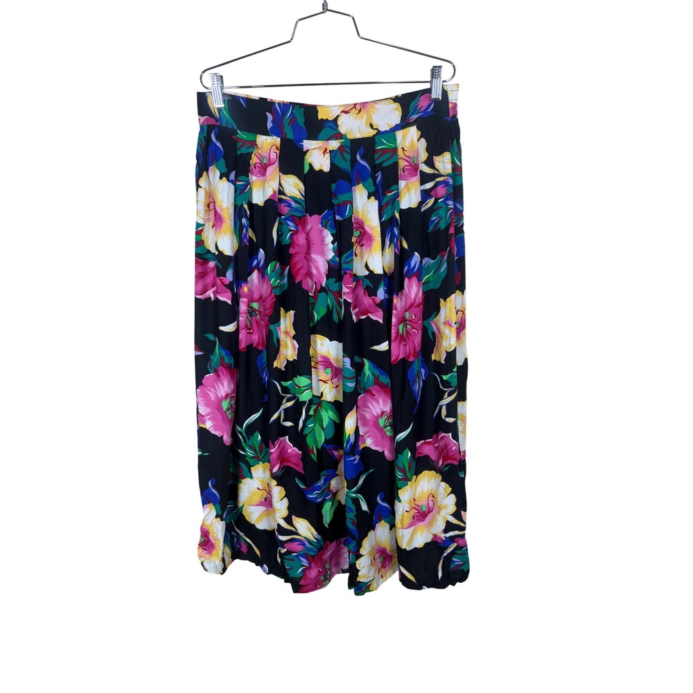 Kathie Lee Vintage Floral Midi Skirt Black Pink Yellow Pleated Rayon 16W USA